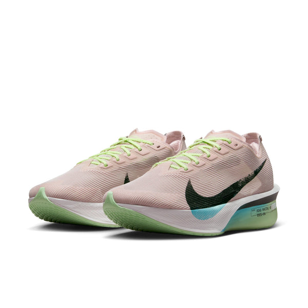 Women's Vaporfly 4 pink and green running shoes with Nike logo on a white background.