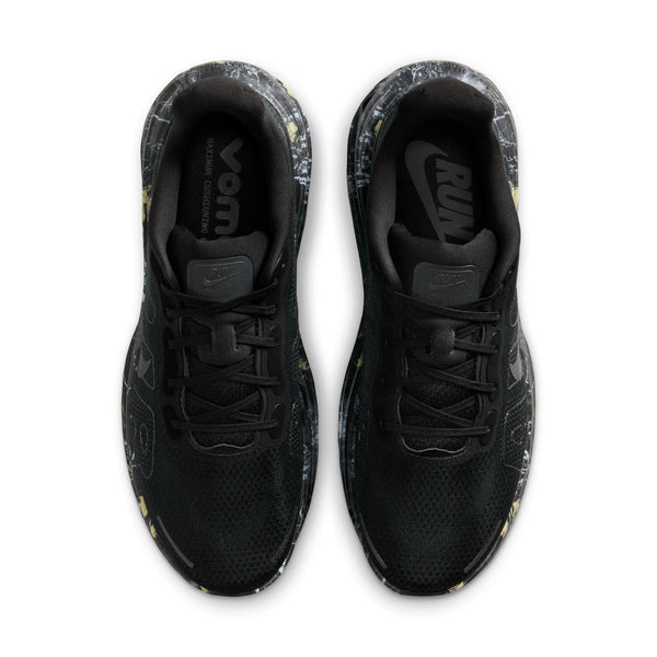 Black athletic shoes with marble pattern on a white background.