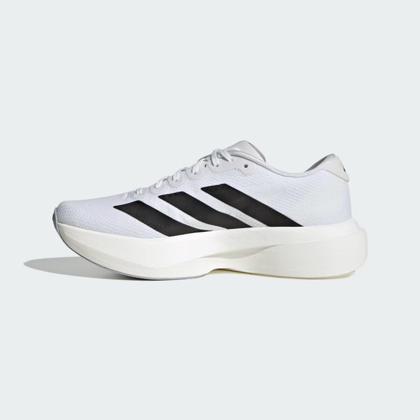 The medial side of an adidas running shoe with the 3 stripes in black.