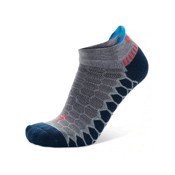 Gray and blue athletic sock with red accents on a white background