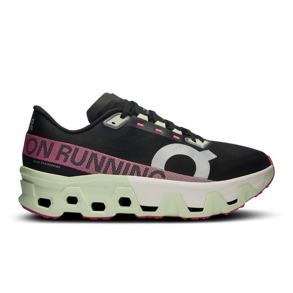 A pair of men's running shoes with black as the primary color and pink and green accents. The brand 'ON RUNNING' is visible on the side.