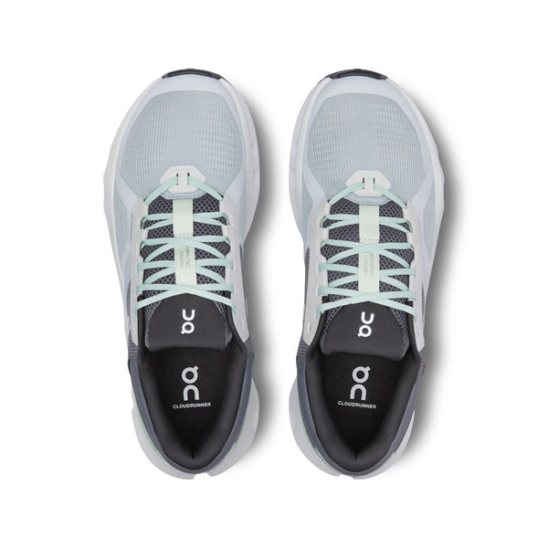 Pair of white and gray running shoes with 'On' branding on a white background.