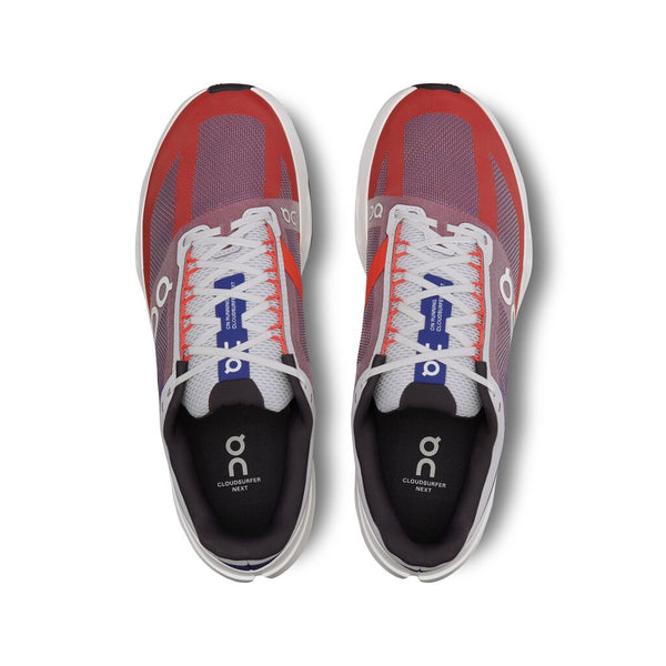 Men's On red and gray running shoes with white laces on a white backgrounds.
