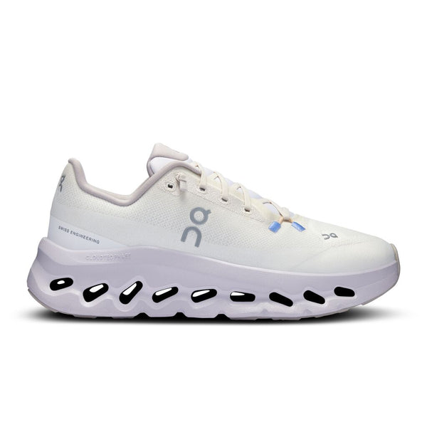 White running shoe with brand logo on a white background