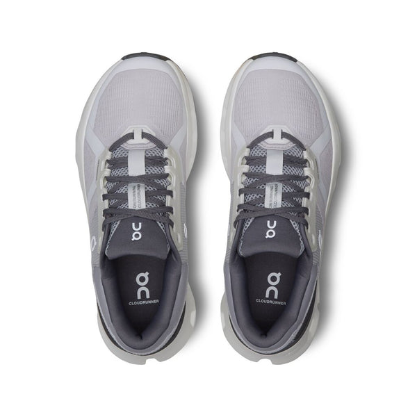 Pair of gray running shoes with 'On' branding on a white background.