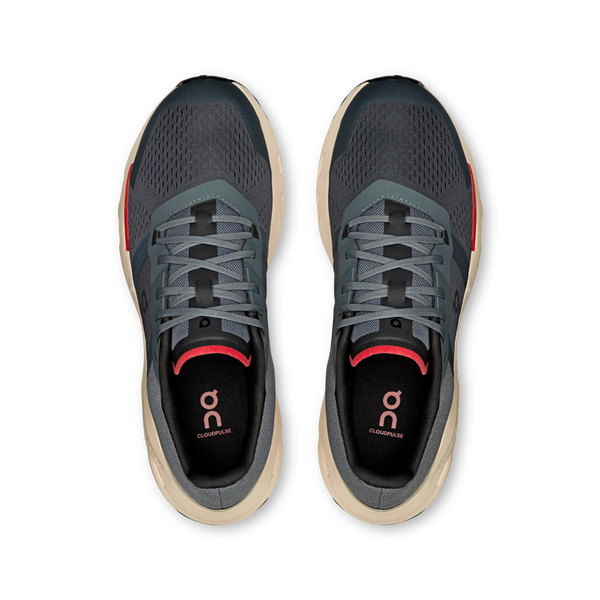 This pair of shoes has a off white midsole that can just be seen flaring out.