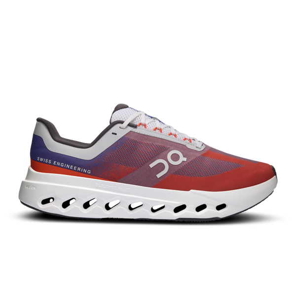 Red and gray running shoe with 'Swiss Engineering' text on a white background.