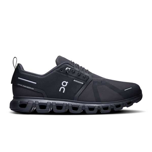 A pair of men's waterproof running shoes with a black upper and a white logo
