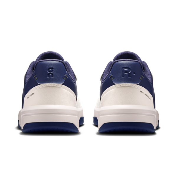 Blue and white sneakers shown from the back on a white background.
