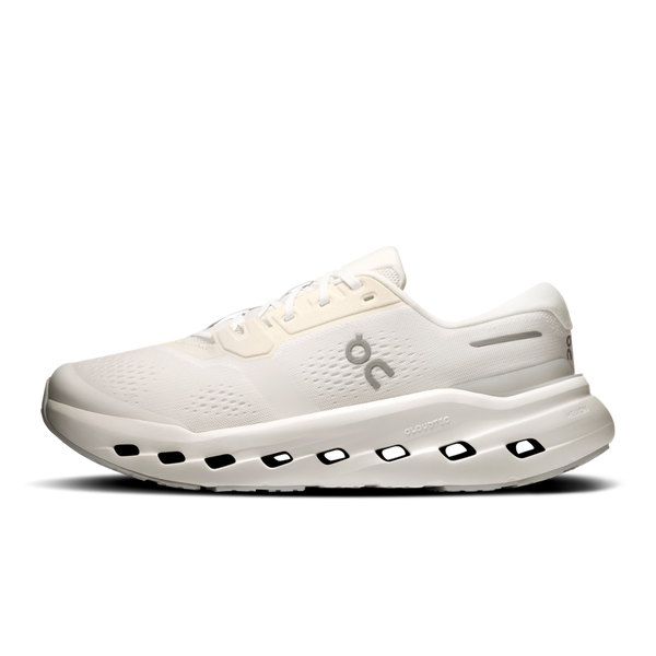 White running shoe with black accents on a white background