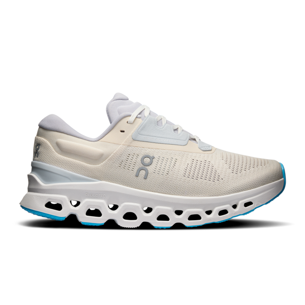 A pair of white and blue athletic shoes with a unique sole design.