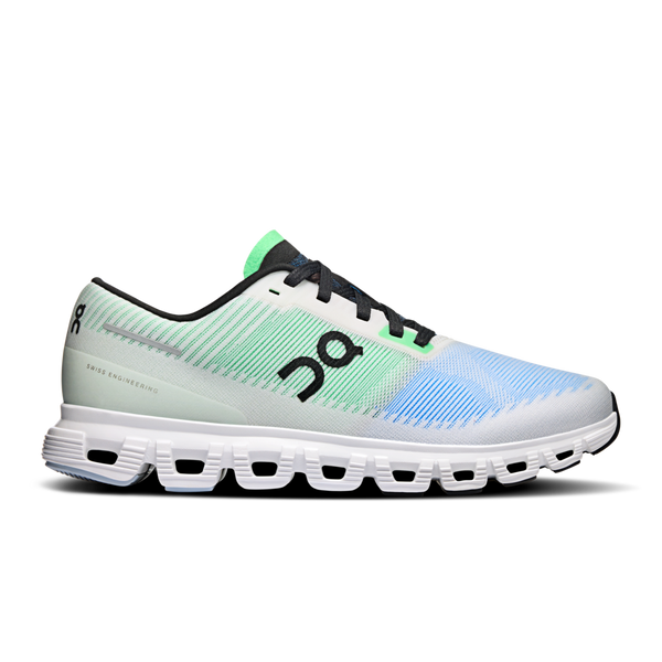A pair of athletic shoes with a white base color, featuring green and blue patterns and the brand's logo on the side.