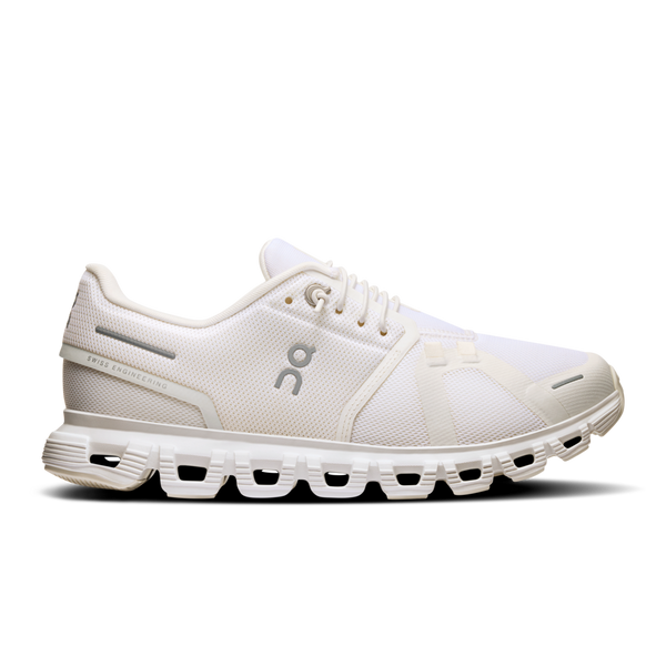 A pair of white On Cloud 6 running shoes for women, with the On logo visible on the side.