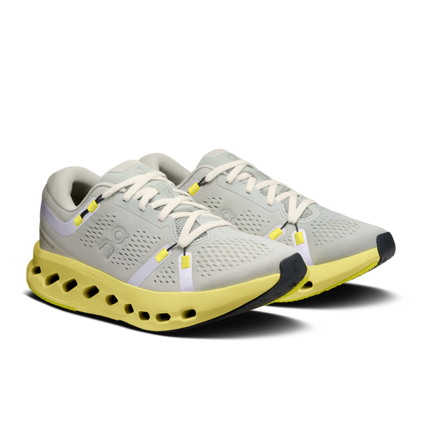 These running shoes from On have a gray upper but a very bright midsole.