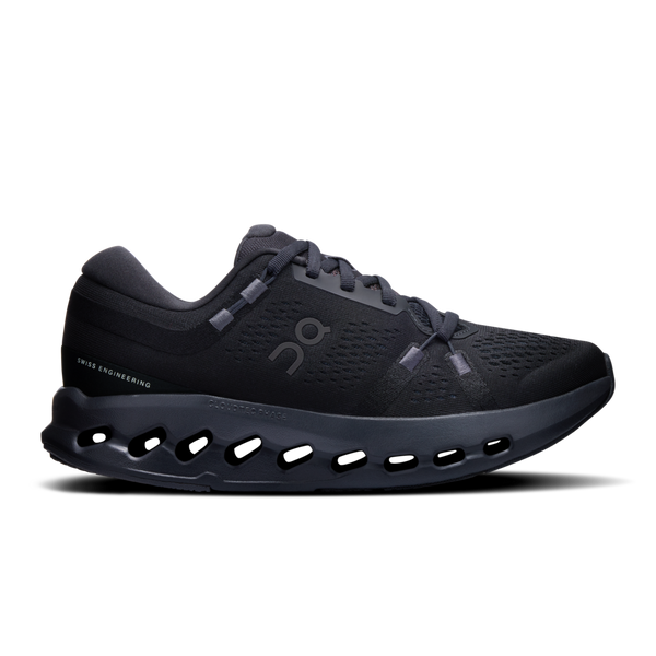 A pair of black On Cloudsurfer 2 running shoes for women, with visible cushioning technology.