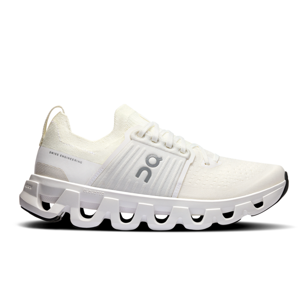 A pair of white On Cloudswift 4 running shoes with a wave-like pattern on the sole and the brand's logo visible.