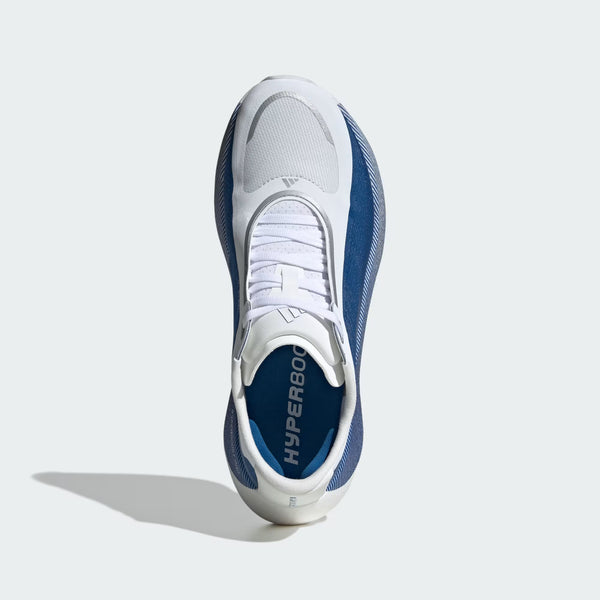 White and blue sneaker with 'HyperBoost' branding on a white background