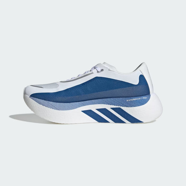 White and blue athletic shoe with three stripes on a light gray background