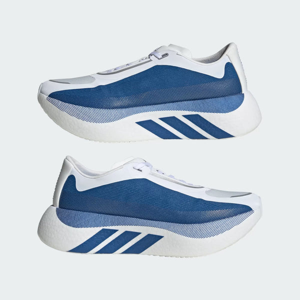 White and blue athletic shoes with three stripes on a light gray background