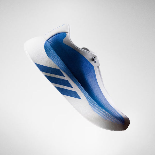 White and blue athletic shoe with three stripes on a light gray background