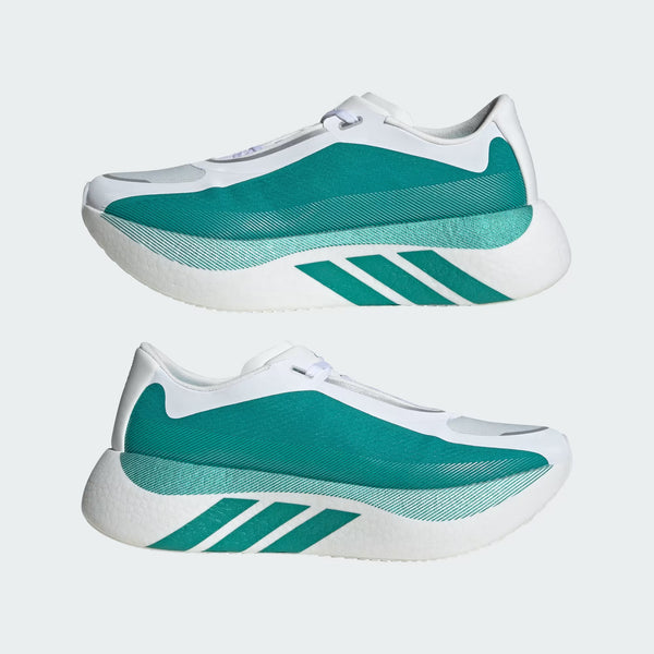 White and teal running shoes with three stripes on a white background