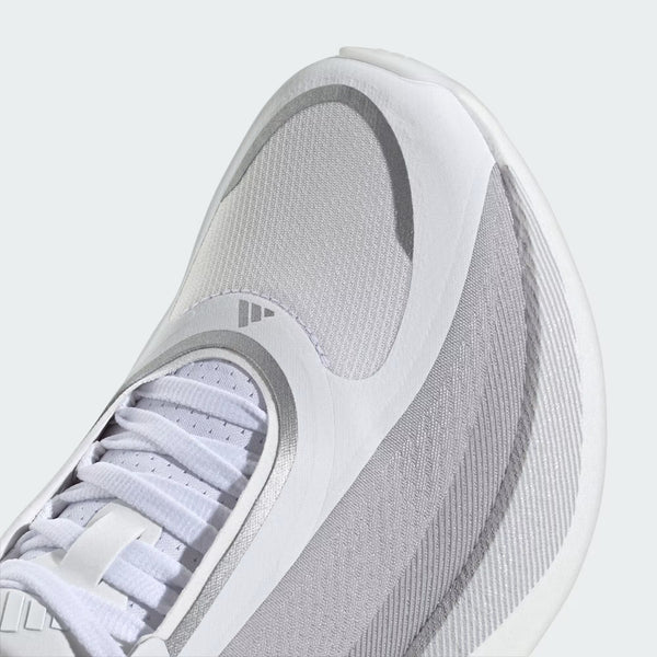 A close-up of the adidas Hyperboot shoe in grey and white.