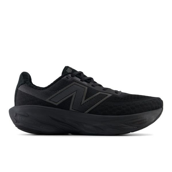 This image features the Men's 1080 V14 sneaker by New Balance, showcasing a sleek, all-black design. The upper part of the shoe combines smooth suede and mesh materials, providing both style and breathability.