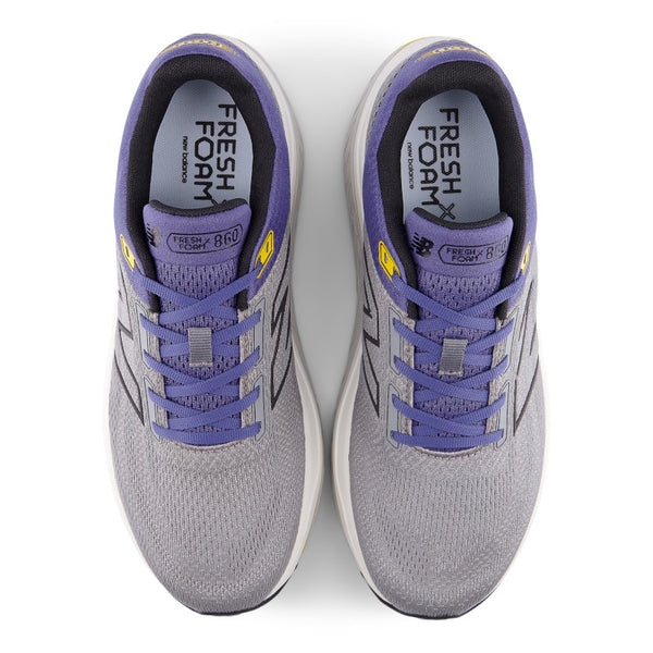 Gray and purple running shoes with 'Fresh Foam' branding on a white background
