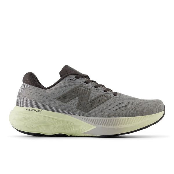 This image displays the Men's 880 V15, a stylish and modern sneaker designed for both comfort and functionality. The shoe features a neutral grey color with subtle green accents, enhancing its visual appeal.