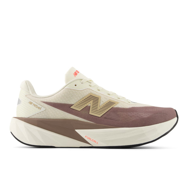 White and brown sneaker with New Balance logo on a white background.