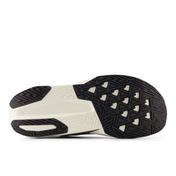 Close-up of a shoe sole with black and white tread pattern on a white background.