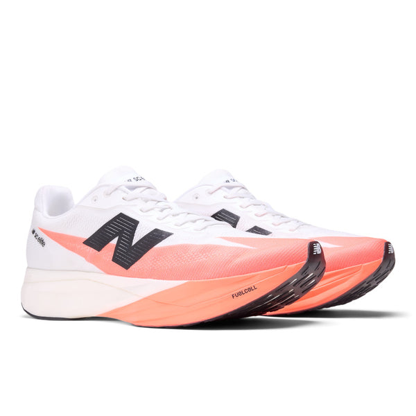 A pair of Men's NB white and pink running shoe with black accents on a white background.