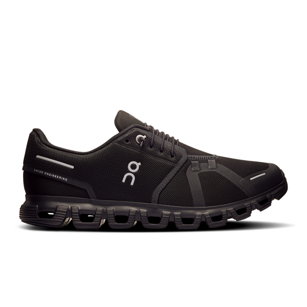 A pair of black men's athletic shoes with a distinctive brand logo on the side.