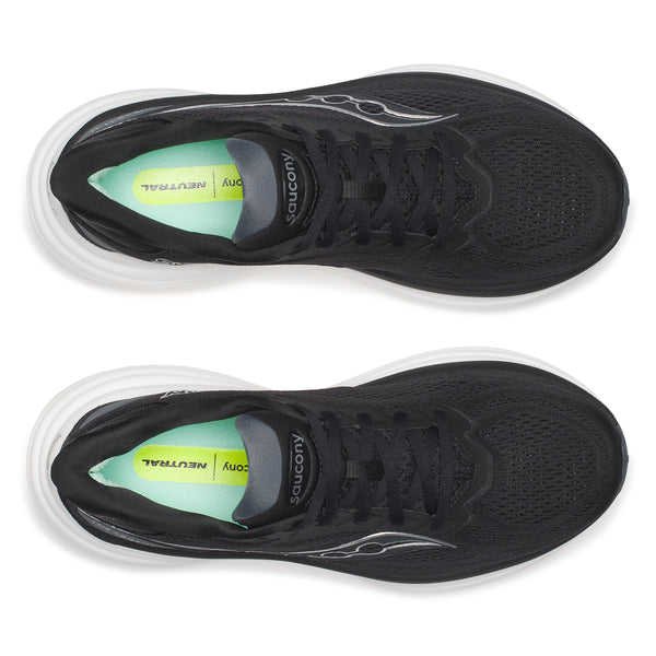 Black running shoes with a visible brand logo on a white background