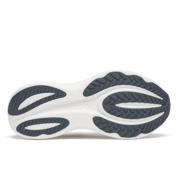White running shoe with dark blue sole on a white background