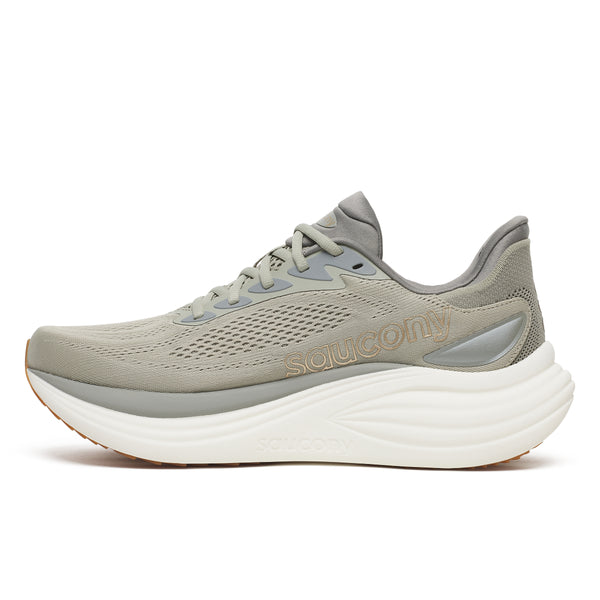 Gray running shoe with white sole on a white background
