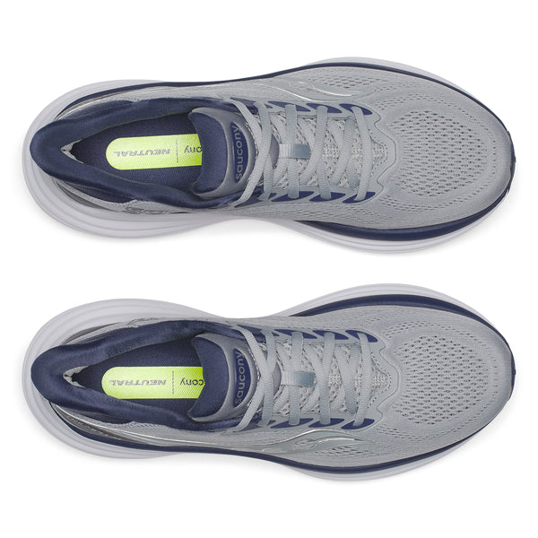 Gray running shoes with navy accents on a white background