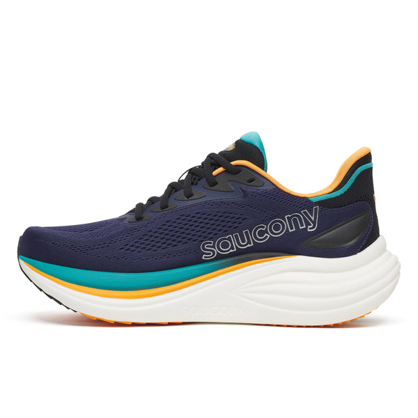 Navy Saucony running shoe with orange and teal accents on a white background