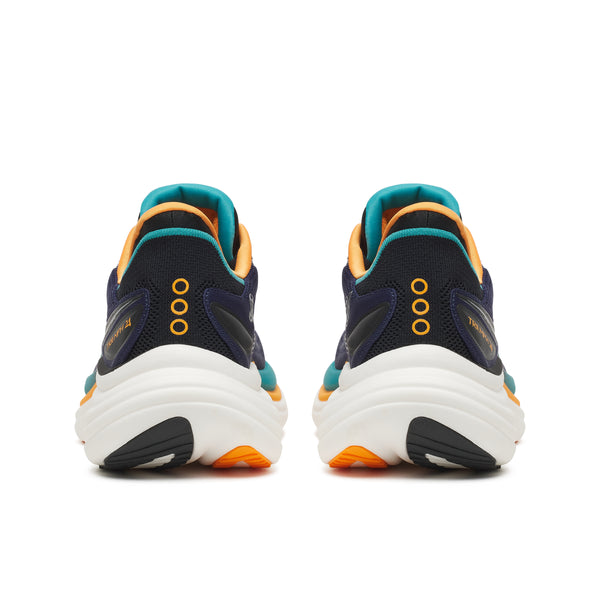 Pair of blue and orange running shoes on a white background