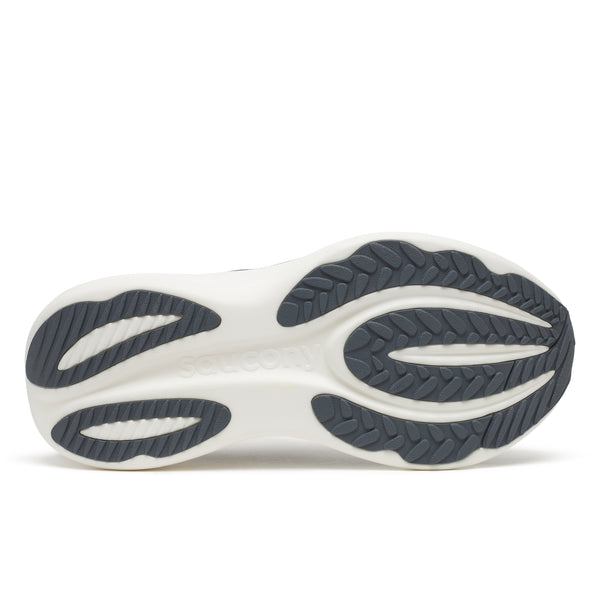 Close-up of a shoe sole with white and navy tread pattern on a white background