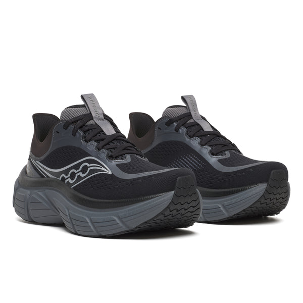 Pair of black and gray running shoes on a white background