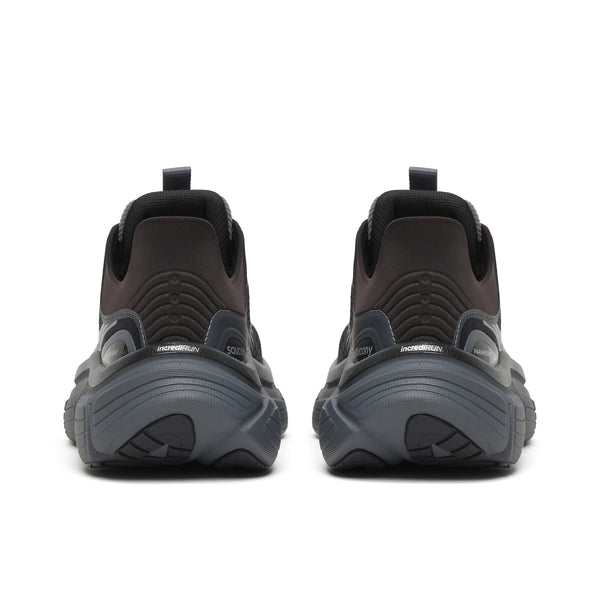 Black athletic shoes with a focus on sole design on a white background