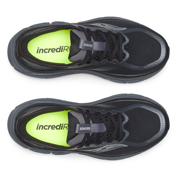Black running shoes with 'incrediri' and 'Saucony' branding on a white background