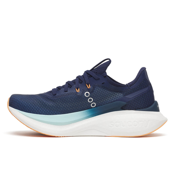 Blue running shoe with white sole on a white background