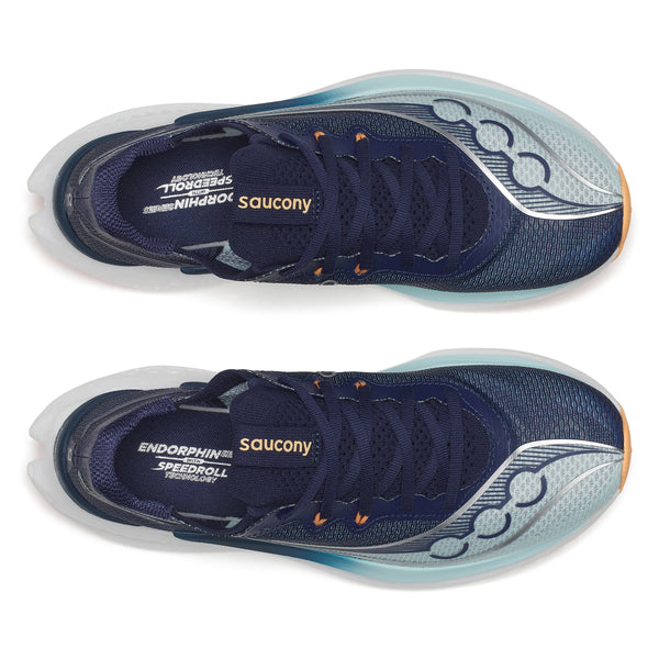 Navy Saucony running shoes with white and blue accents on a white background