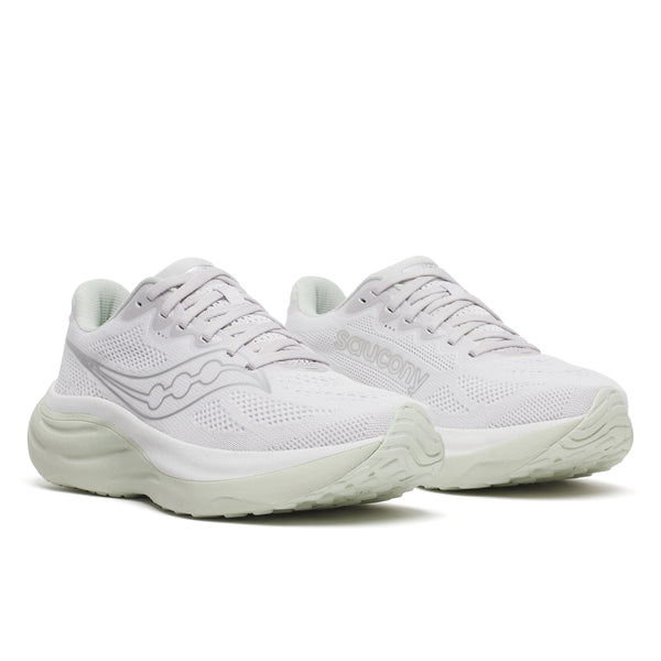 White running shoes with Saucony logo on a white background