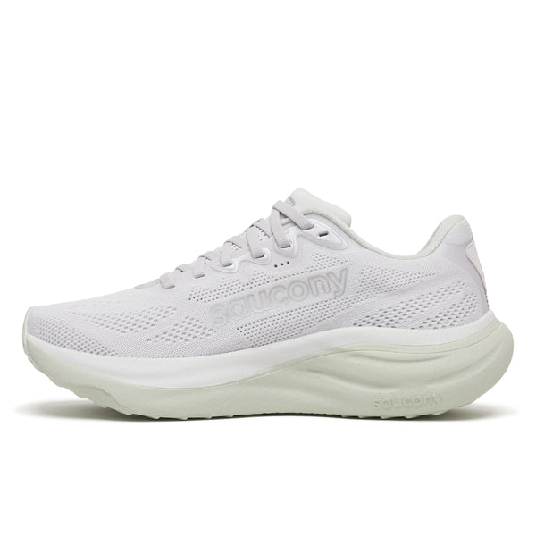 White running shoe with 'Saucony' branding on a white background