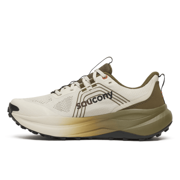 White and brown running shoe with visible branding on a white background