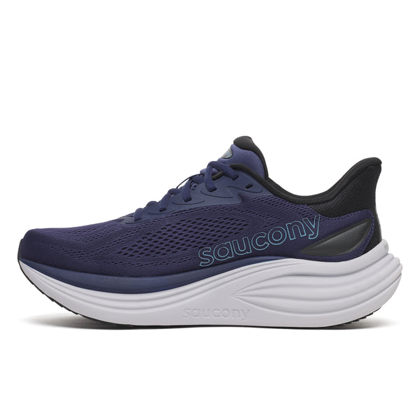 Navy Men's running shoee with white branding logo on a light gray background