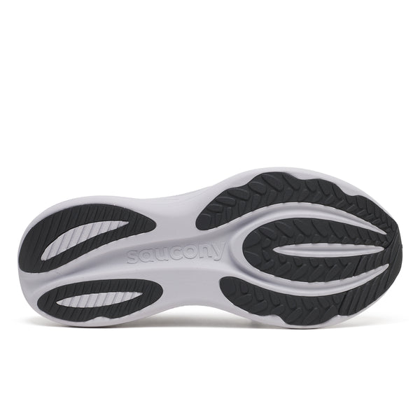 The outsole of a Saucony running shoe sole on a white background